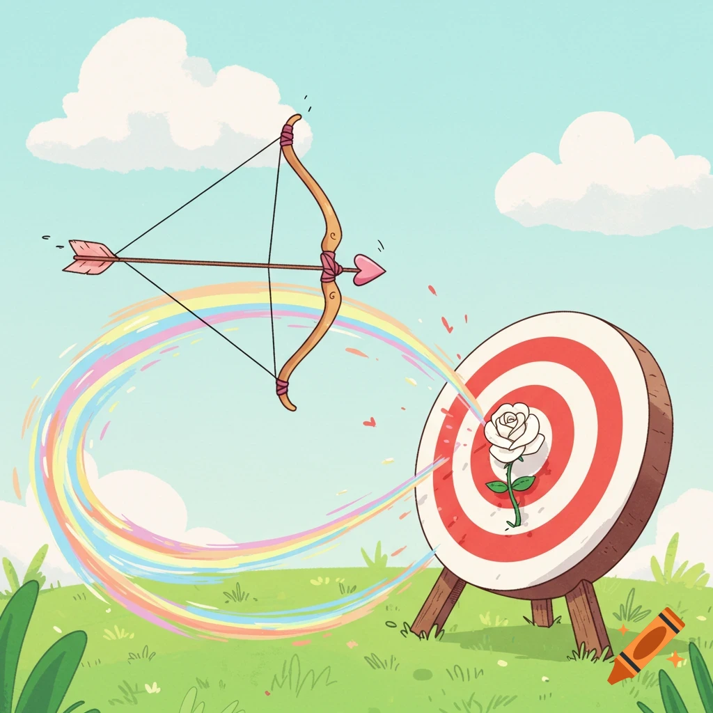 A cartoon bow with a heart-tipped arrow shoots a rainbow trail at a target with a white rose in the bullseye, set in a sunny field.
