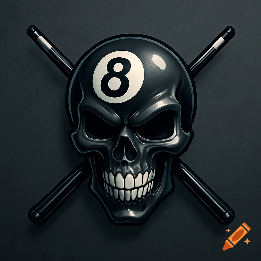 A stylized black 8-ball skull with white teeth and crossed pool cues behind it on a dark background.