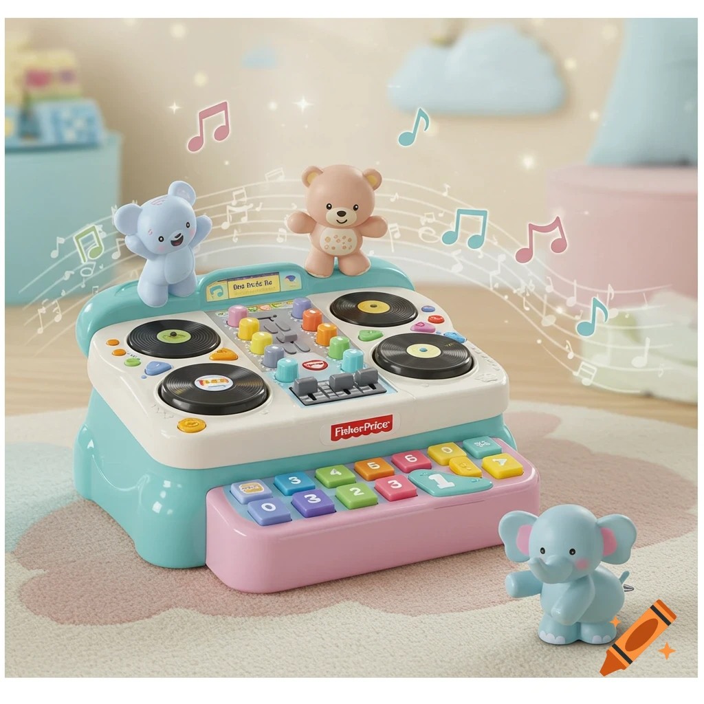 A colorful Fisher-Price baby's first DJ set toy with light blue, pink, and white components, featuring two animal figures, records, and a piano keyboard.