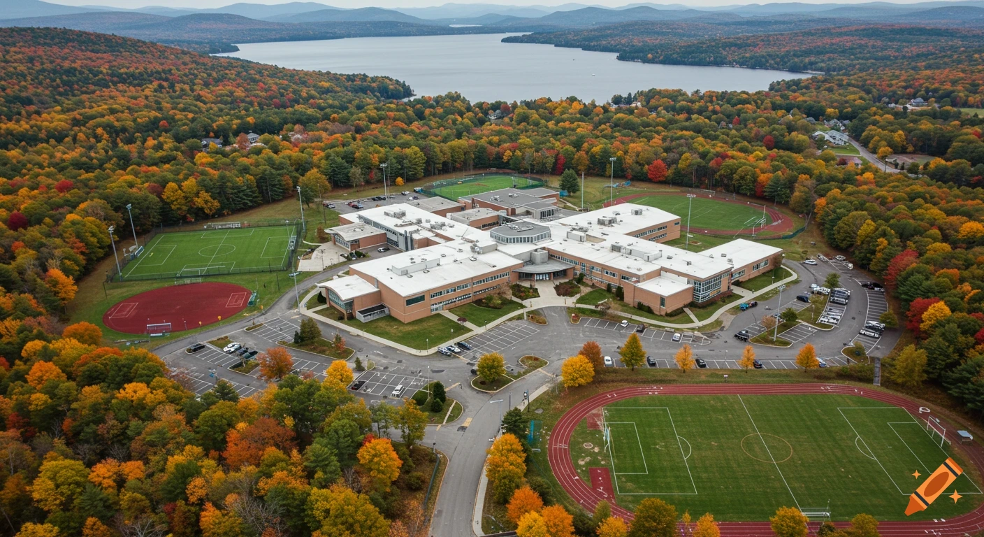 Aerial view of a large high school campus surrounded by vibrant autumn trees, with sports fields, parking lots, and a lake in the background under a cloudy sky.