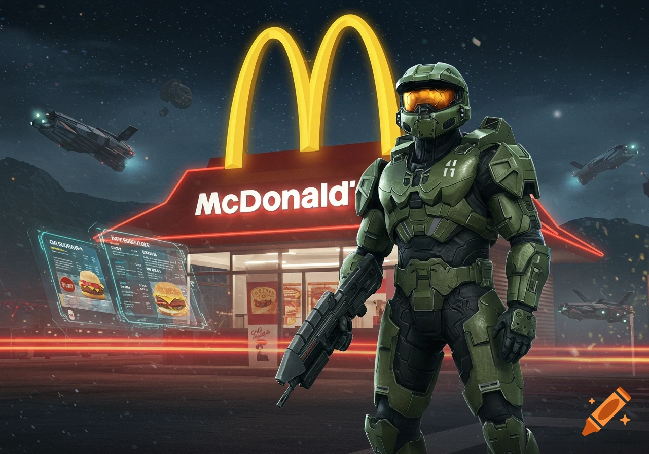 Master Chief stands in front of a futuristic McDonald's with holographic menus and spaceships flying overhead under a starry night.
