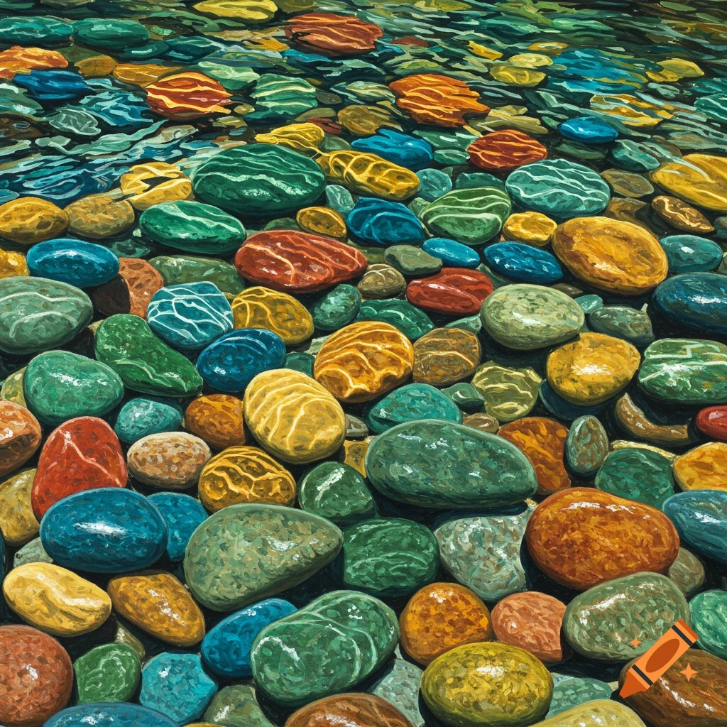 Vibrant painting showing colorful river rocks under clear water with light reflections.