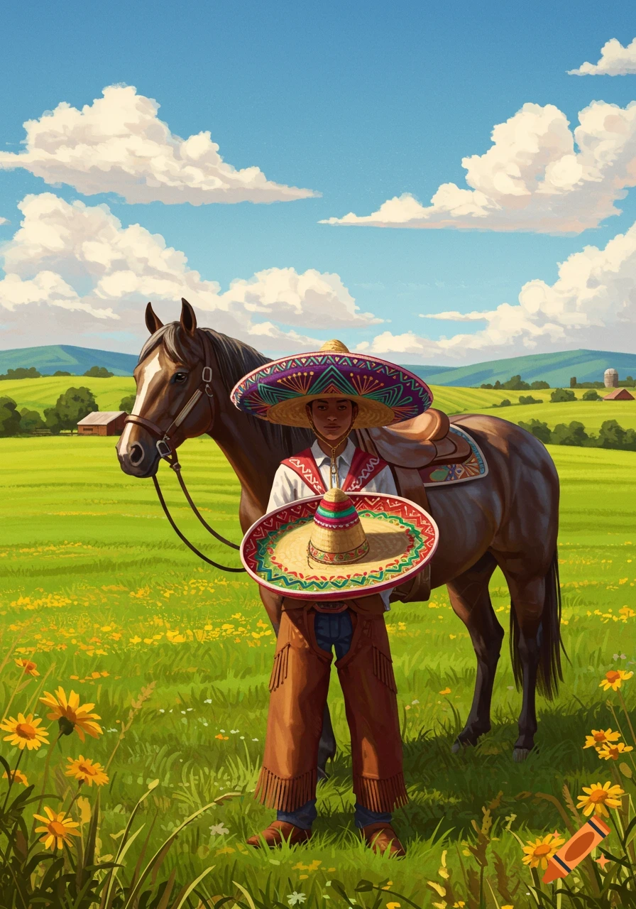 Illustrated person in a large, colorful sombrero and chaps stands with a horse in a green field under a blue sky.
