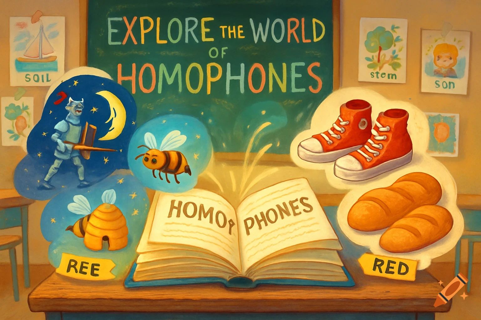 An illustrative classroom scene with a blackboard reading "EXPLORE THE WORLD OF HOMOPHONES," an open book on a desk, and various objects representing homophones like a knight (night), bee (be), red shoes (red), and bread (bred).