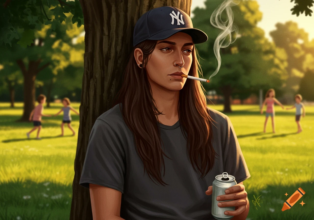 Digital illustration of a person in a Yankees cap and septum ring, smoking and holding a beer, leaning on a tree in a sunny park.
