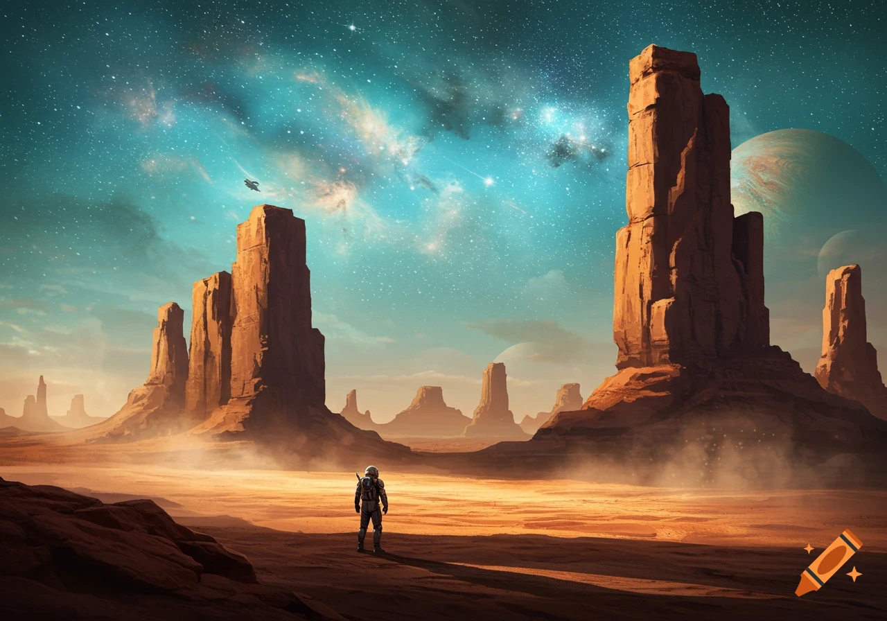 Sci-fi painting: Astronaut in an alien desert with towering red rock formations under a vibrant, starry turquoise sky and distant planets.