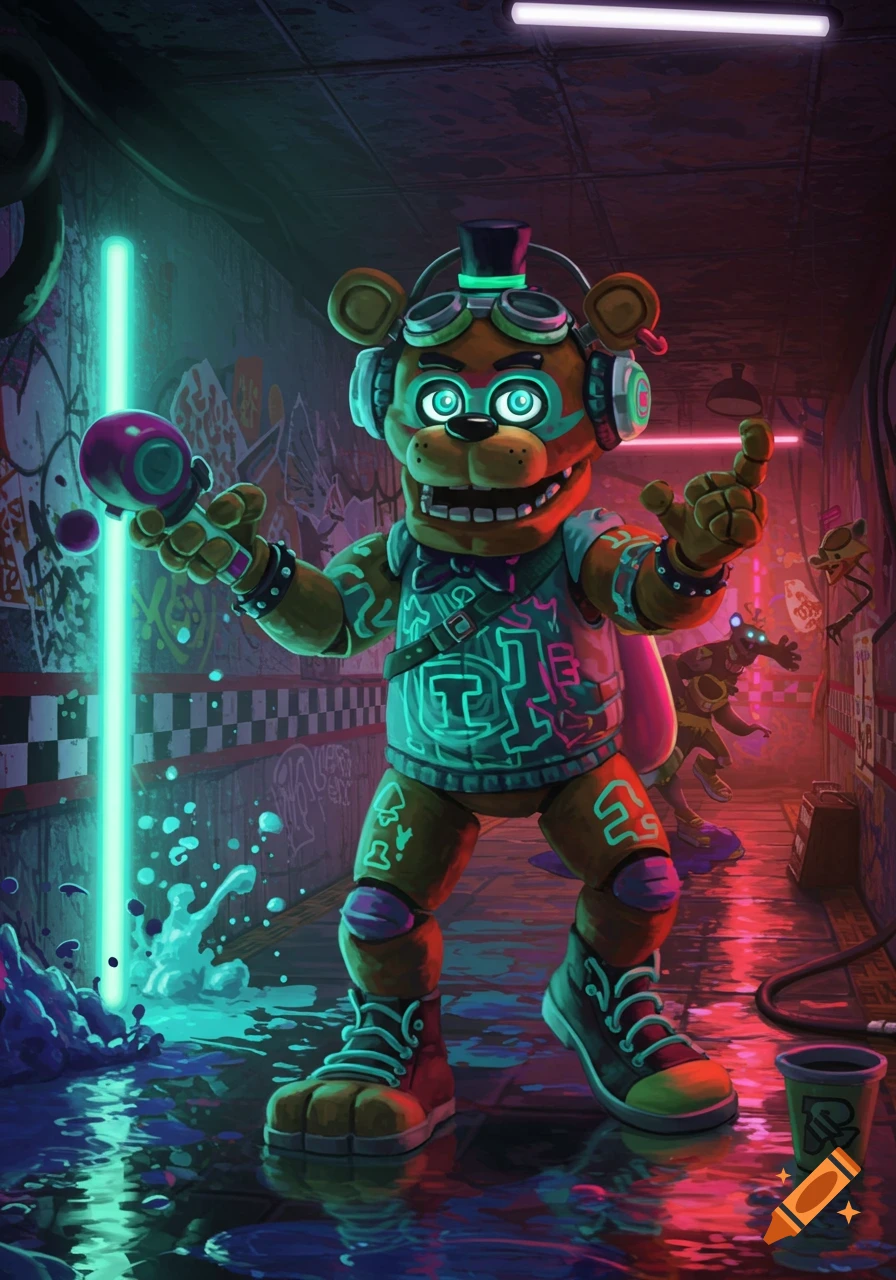 Freddy Fazbear in Splatoon-style gear, including goggles and an ink gun, stands in a neon-lit, graffiti-covered alley.
