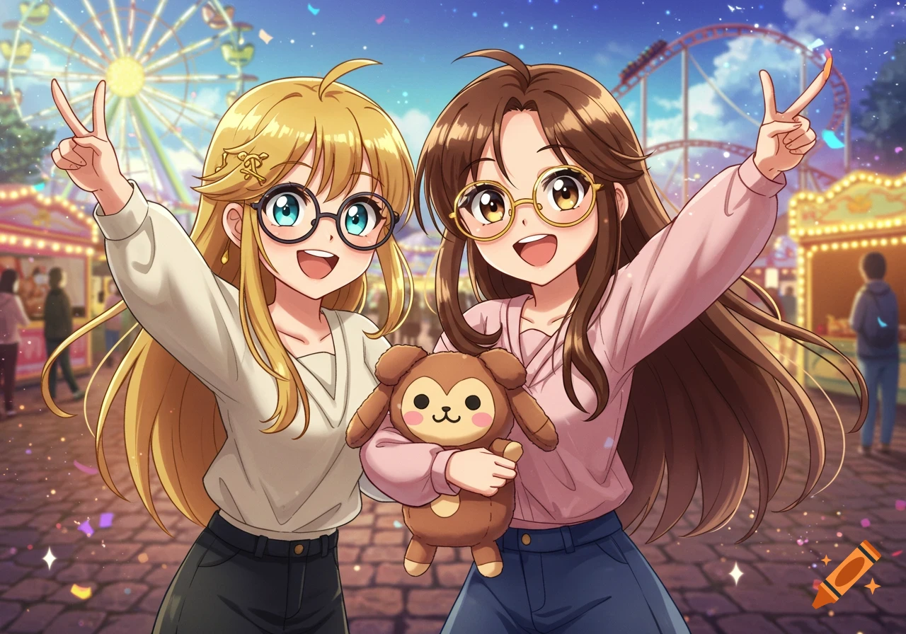 Two smiling anime girls at an amusement park, making peace signs, one holding a plush toy, with rides in the background.