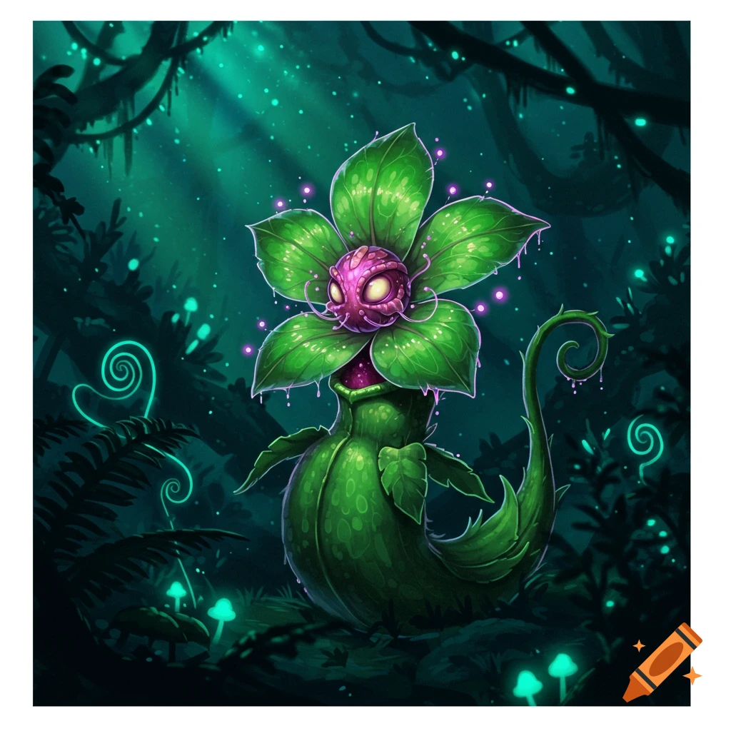 A stylized green plant monster with a pink, fanged face and glowing purple eyes, in a dark, fantastical forest.