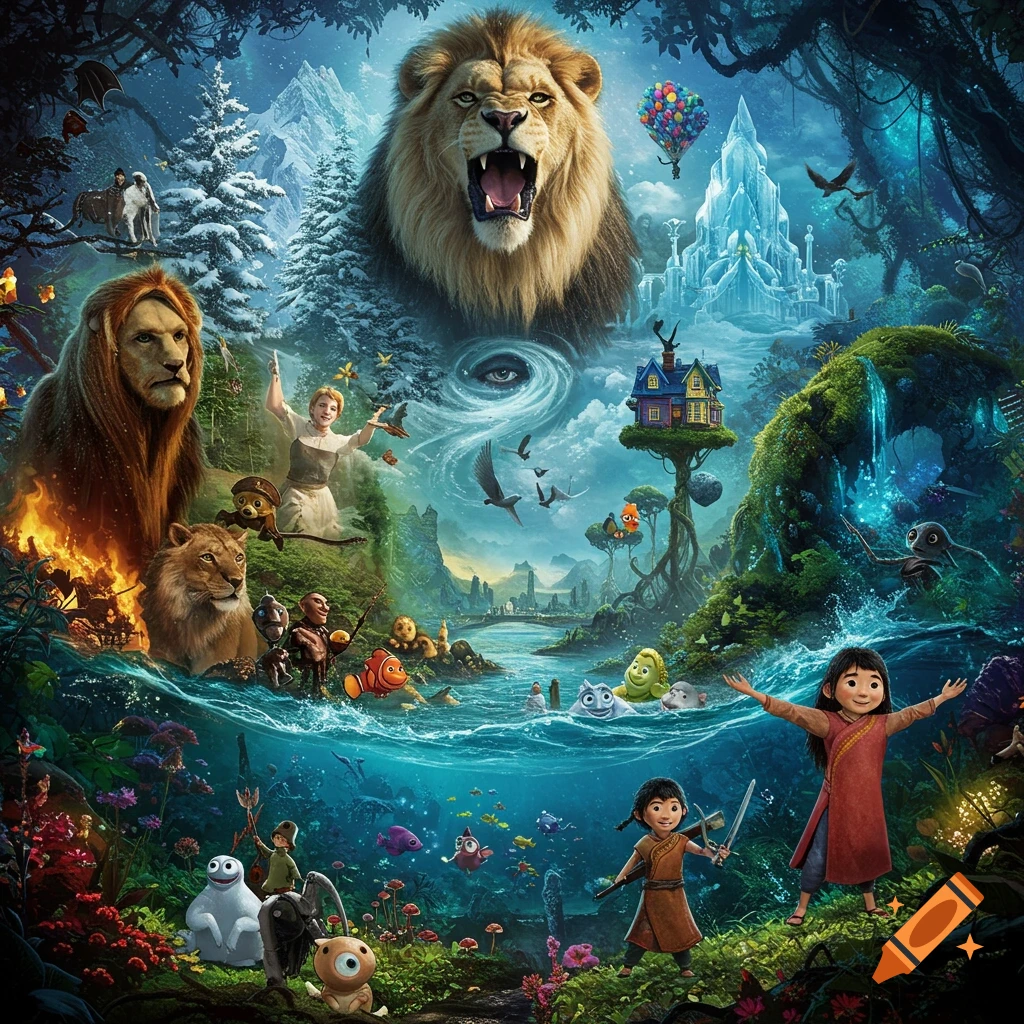 A vibrant, detailed fantasy collage of animated and live-action movie characters and scenes, featuring lions, children, an ice castle, and a floating house.