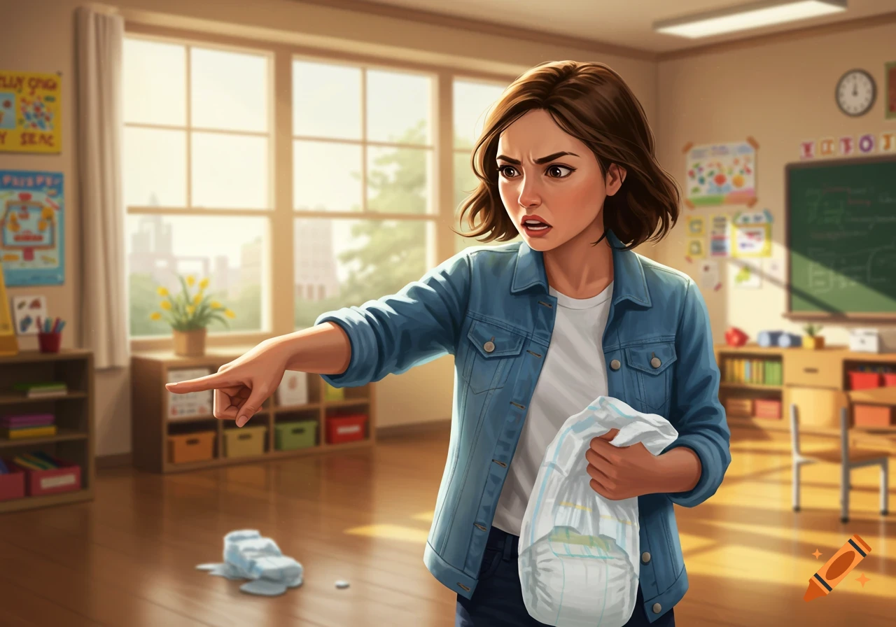 A frustrated young woman in a denim jacket holds a diaper and points at another diaper on the floor in a brightly lit classroom.