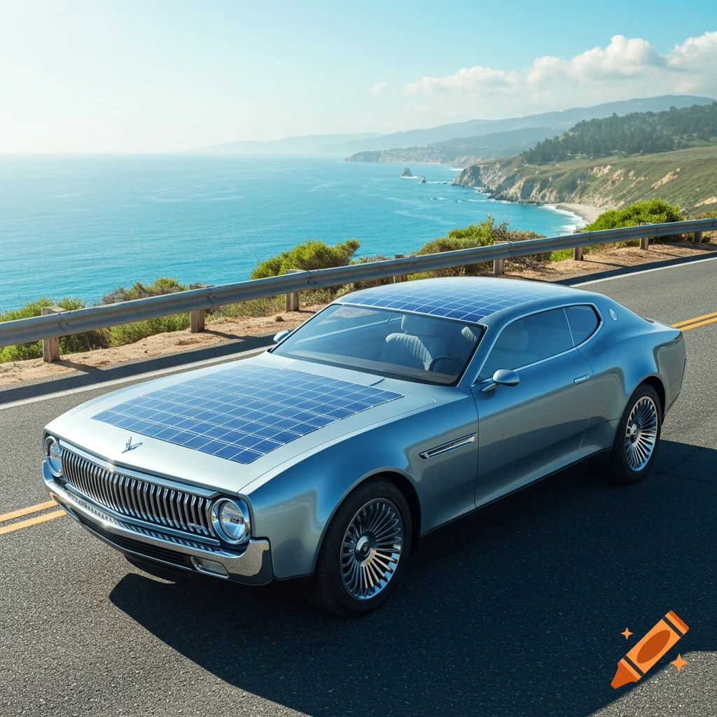 Light blue car with solar panels on its hood and roof drives on a sunny coastal road with ocean and mountains.
