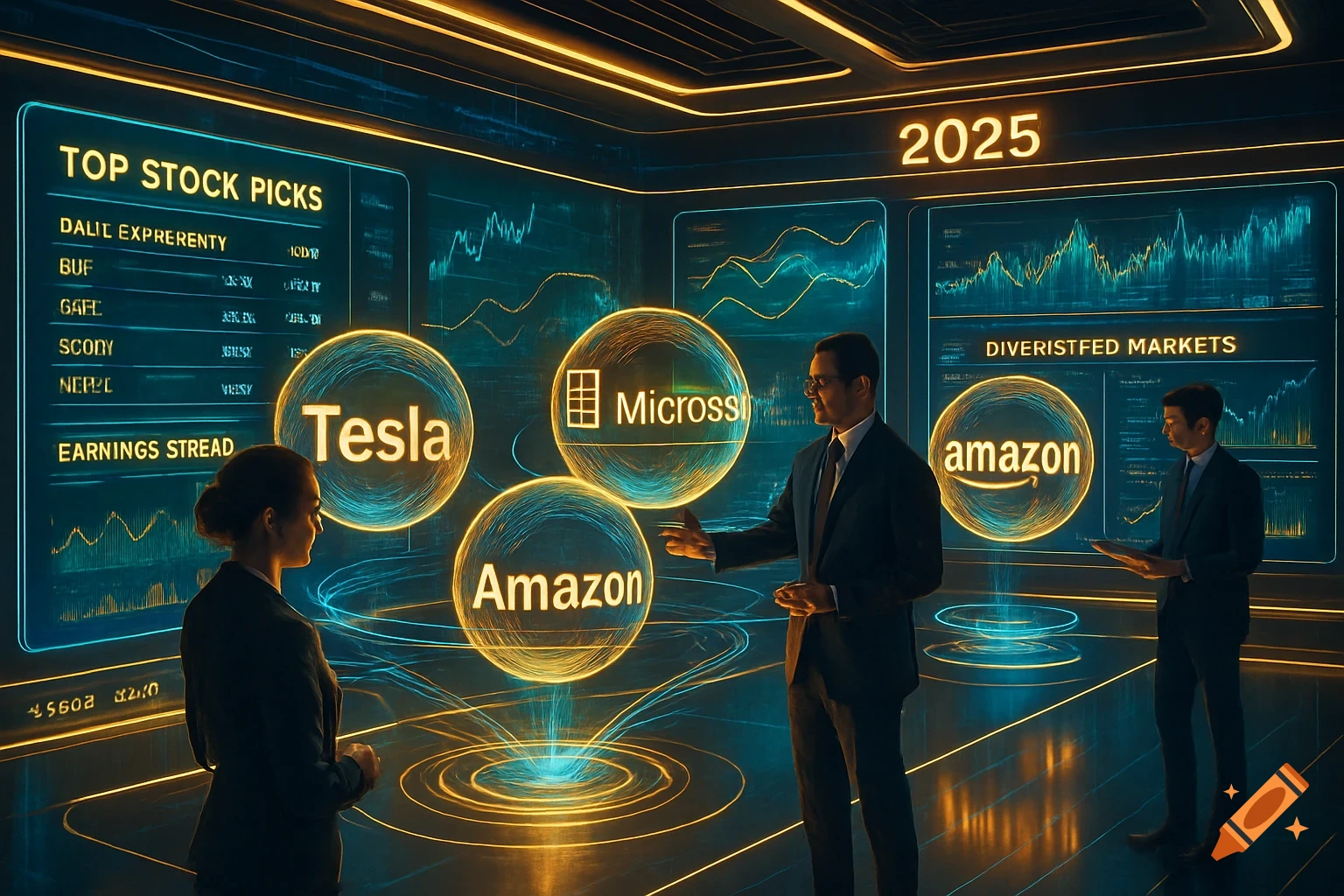 Two business people interact with holographic stock market data, showing Tesla, Microsoft, and Amazon logos, and charts in a dark, futuristic room.