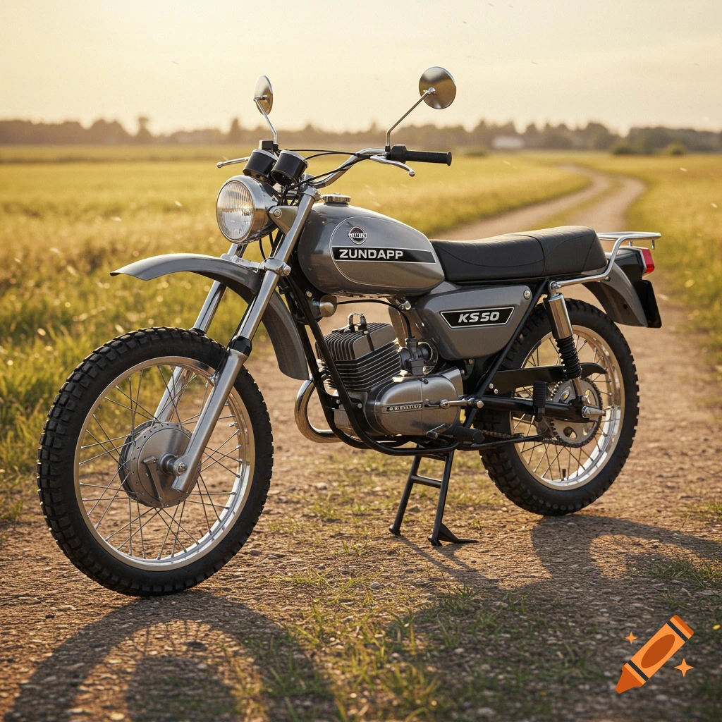 A gray Zündapp KS50 Cross motorcycle is parked on a dirt path in a golden field at sunset, photorealistic.