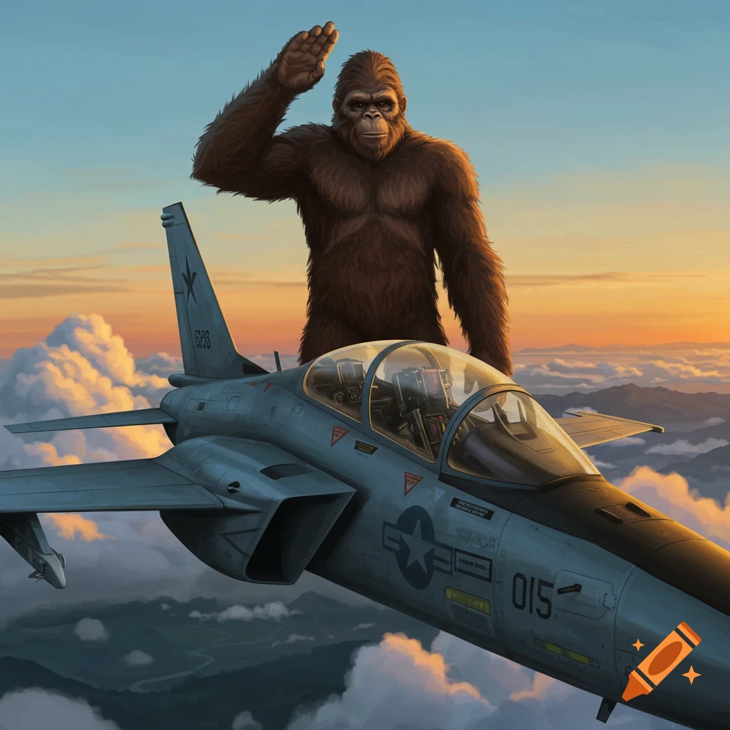 A giant furry Sasquatch stands on clouds next to a T-45 Goshawk jet, raising one hand in a salute against a sunset sky.