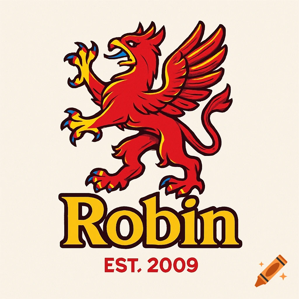 A vibrant red griffin logo with yellow and blue accents, standing on one leg, with "Robin" and "EST. 2009" below it.