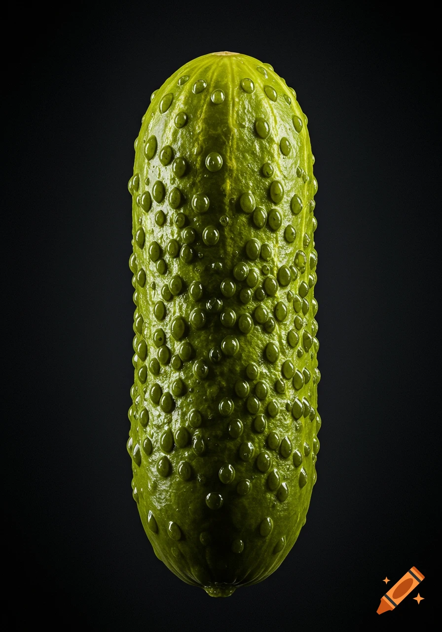 Close-up, photorealistic image of a green pickle covered in bumps and water droplets on a dark background.