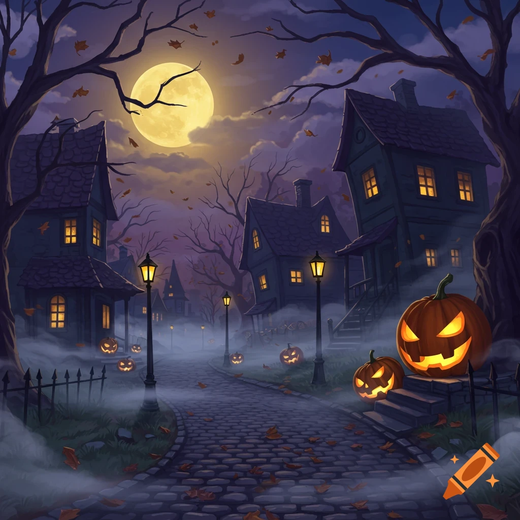 A spooky Halloween night scene with a cobblestone street, haunted houses, streetlights, jack-o'-lanterns, and bare trees under a large full moon.