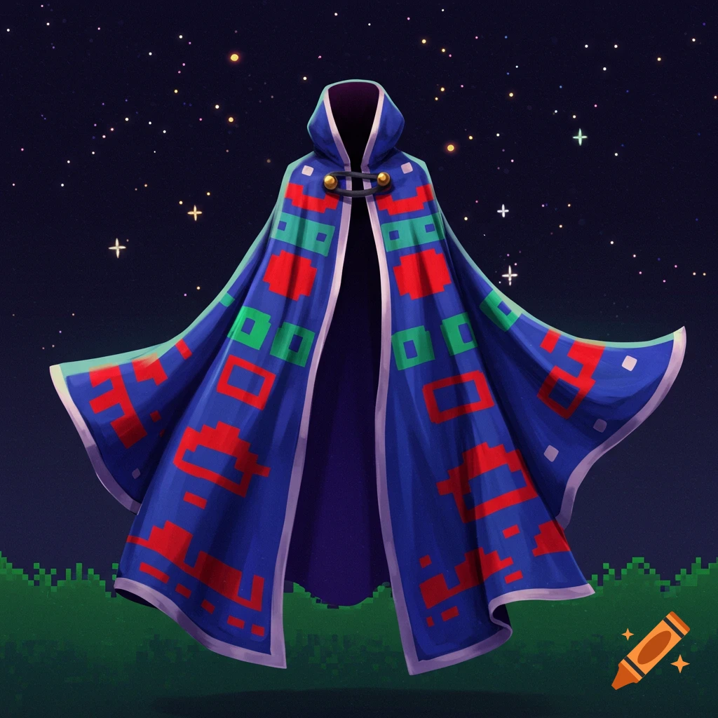 A stylized blue hooded cape with red and green pixelated patterns floats against a starry night sky and pixelated green ground.