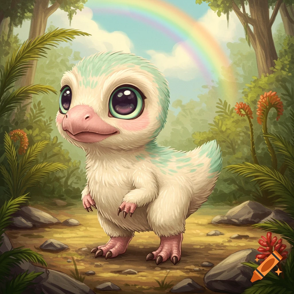 A fluffy, white and mint green baby yutyrannus with large purple eyes stands in a vibrant jungle with a rainbow in the sky, in a chibi cartoon style.