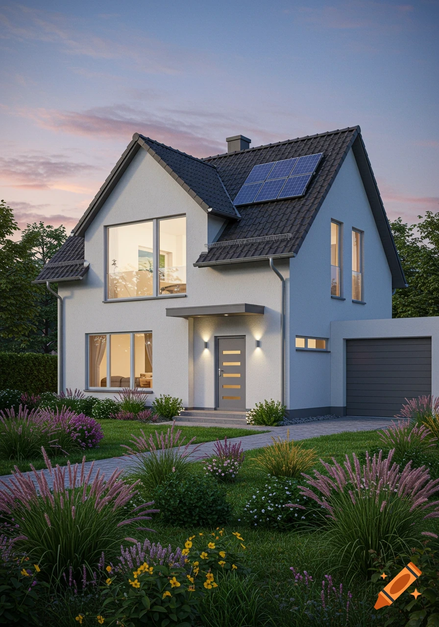 A modern detached house with a gabled roof and solar panels, surrounded by a lush front garden, at twilight.