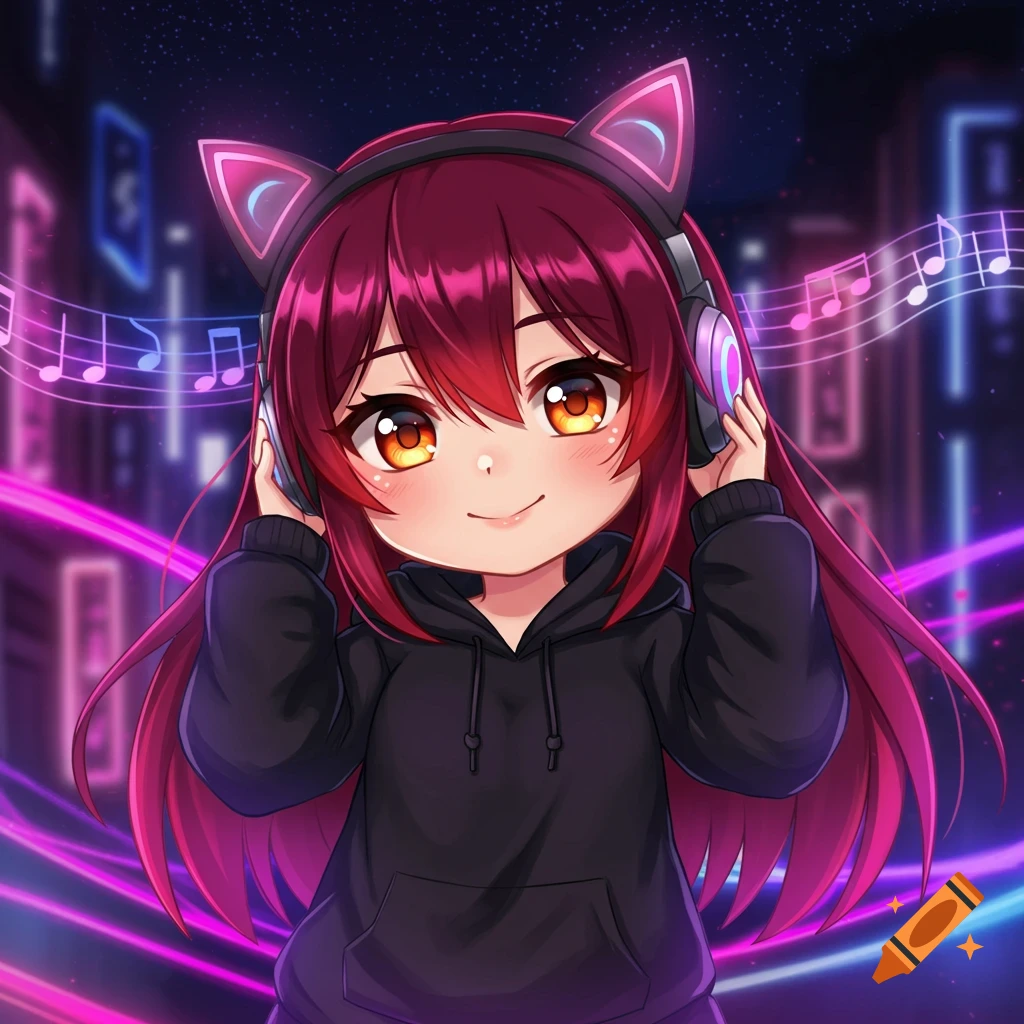 A chibi anime girl with dark red hair and orange eyes wears cat-ear headphones and a black hoodie, surrounded by neon lights and musical notes.