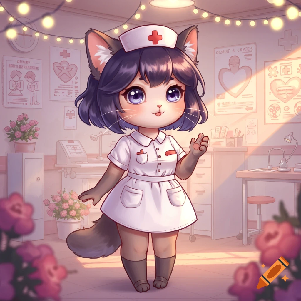 A cute anime cat girl in a white nurse uniform stands in a brightly lit clinic, smiling and waving.