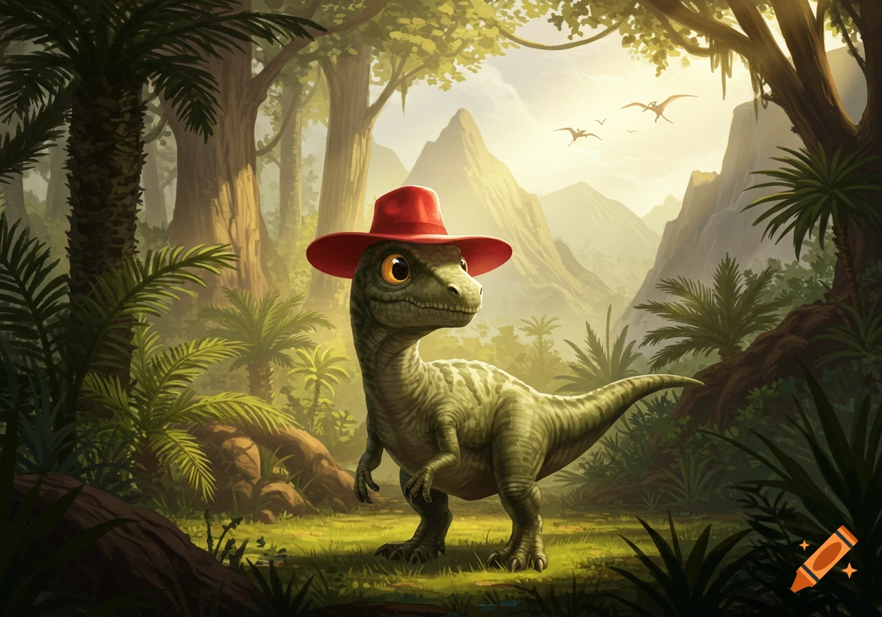 A cute cartoon baby dinosaur wearing a red hat stands in a lush, detailed jungle with mountains and pterodactyls in the background.