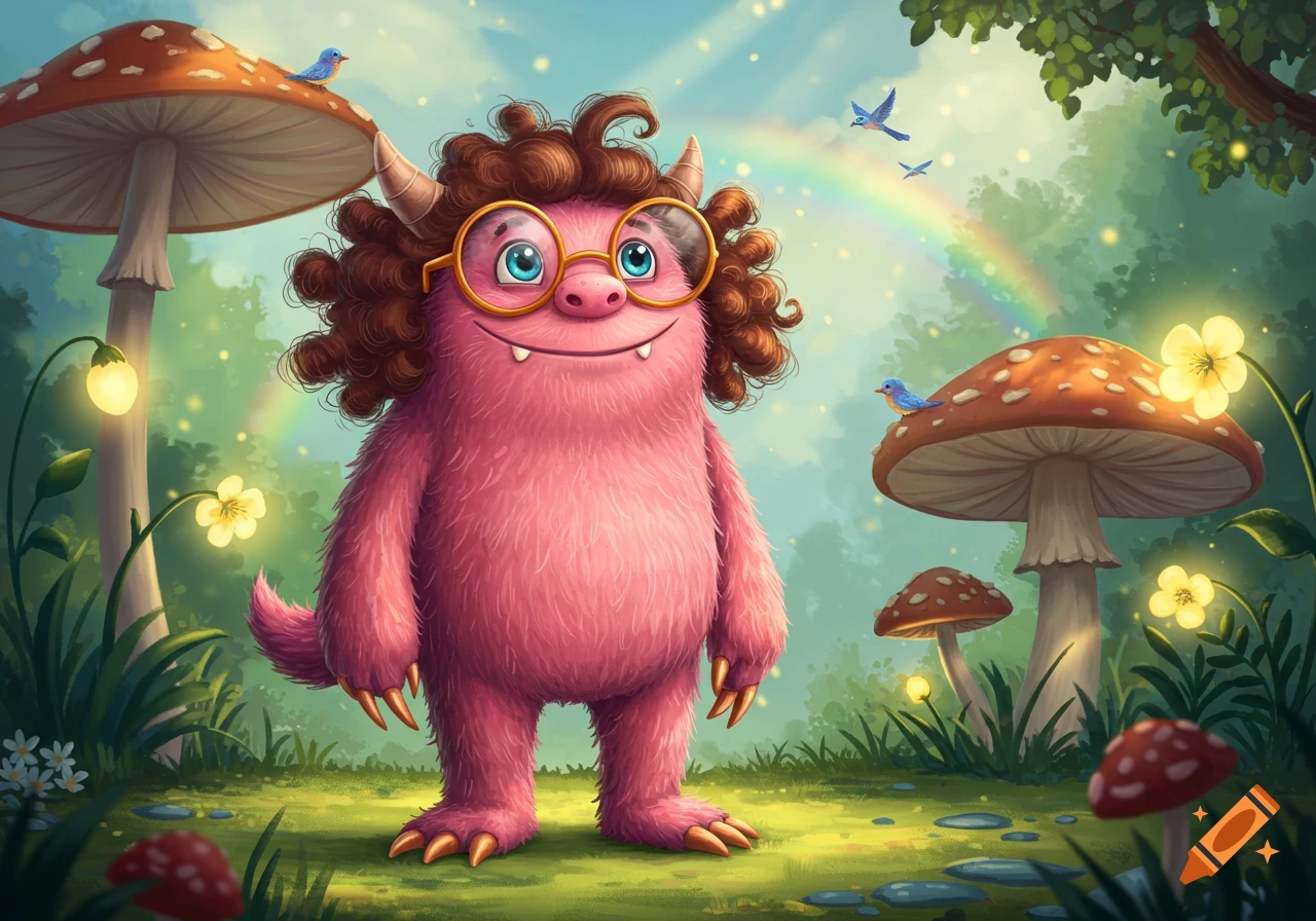 A cute pink furry monster with brown curly hair, glasses, and claws stands smiling in a whimsical forest with glowing mushrooms, flowers, birds, and a rainbow.