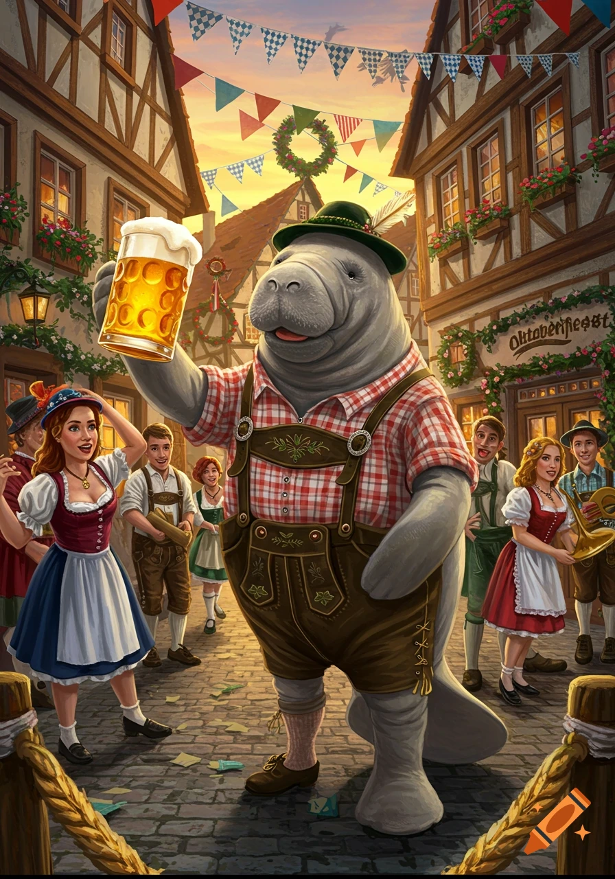 A manatee in lederhosen holding a stein of beer, celebrating Oktoberfest on a German street with people in traditional attire and festive decorations.