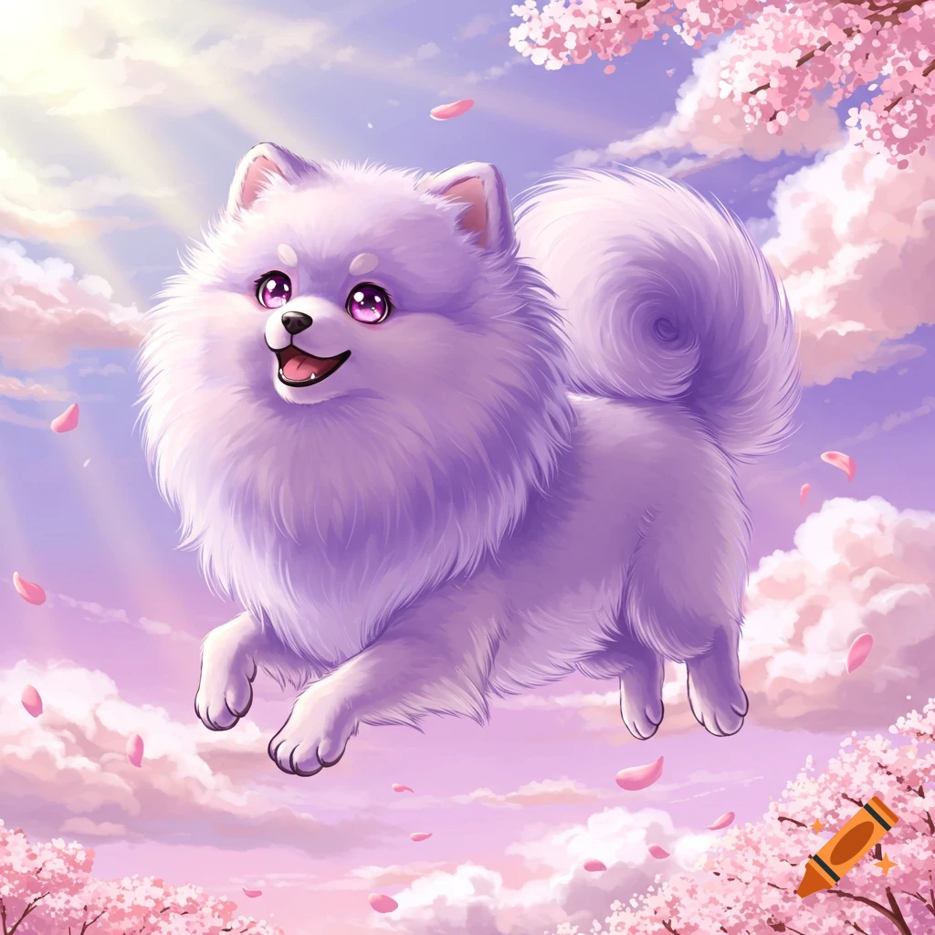 A happy, fluffy purple Pomeranian with pink eyes floats among pink cherry blossoms and clouds in a whimsical anime style.