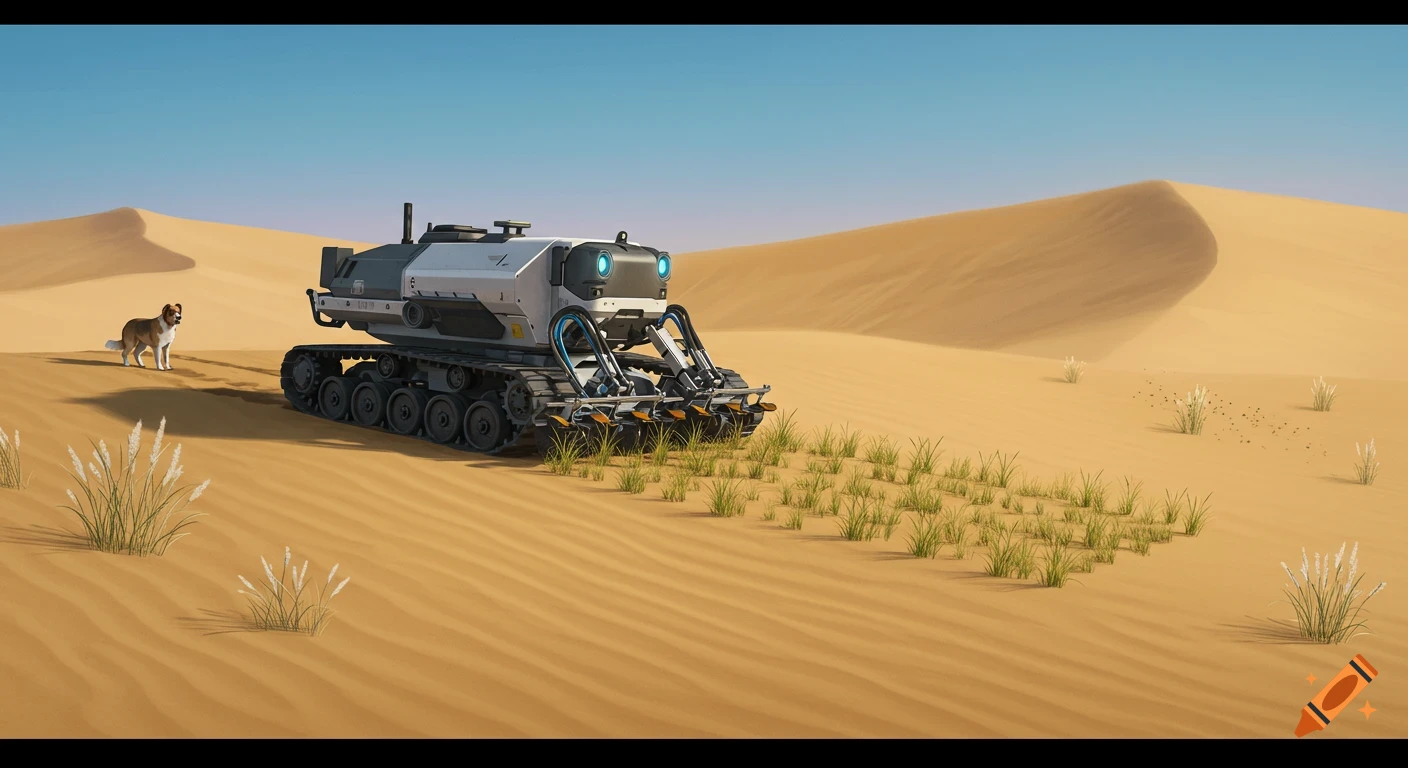 A futuristic tracked robot plants rows of grass on desert dunes, with a brown and white dog observing nearby.