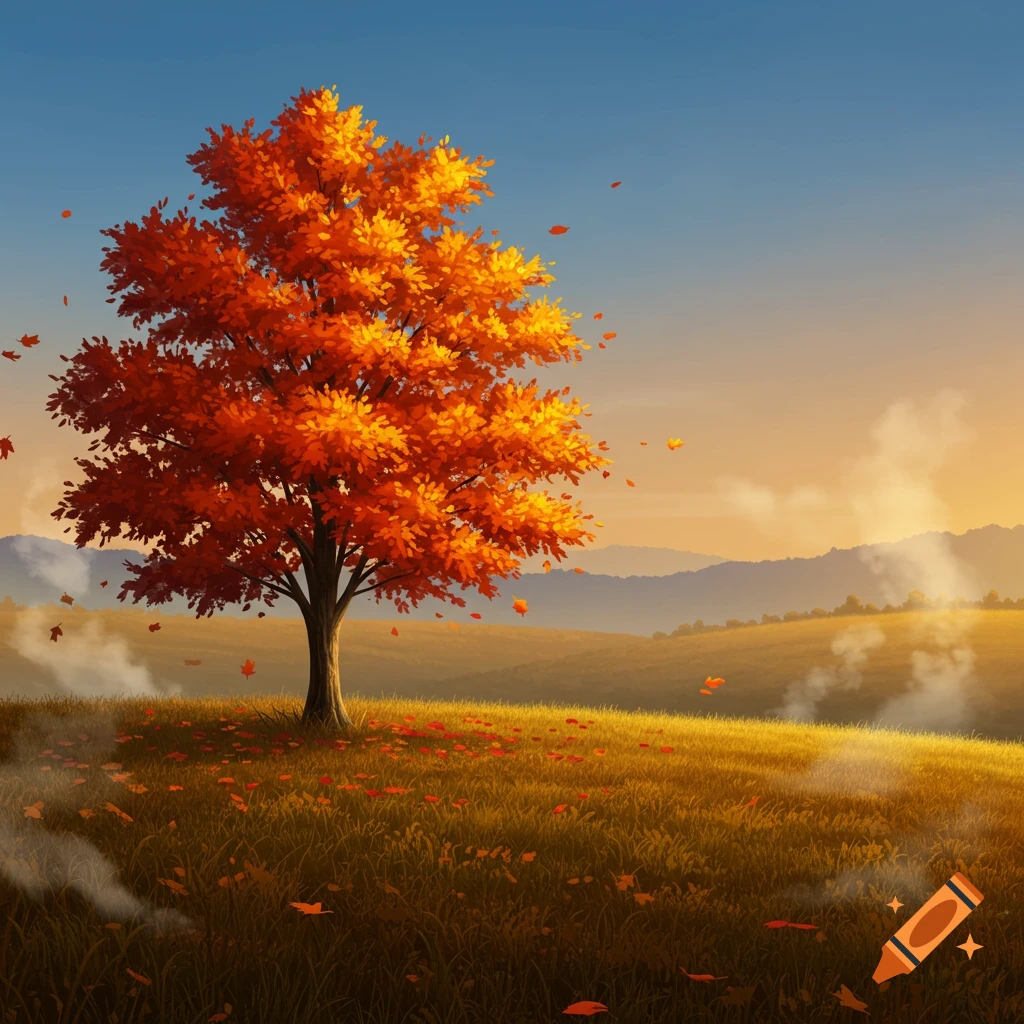 A vibrant autumn tree with orange leaves stands in a golden field under a blue and orange sky, digital art style.