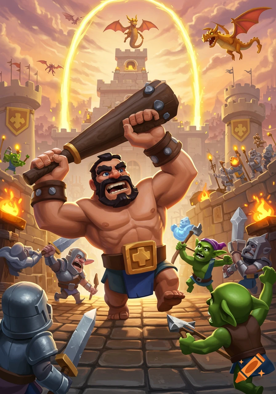 A muscular giant with a large wooden club fights goblins and knights, with dragons flying over a castle under a golden sky in a vibrant cartoon fantasy style.