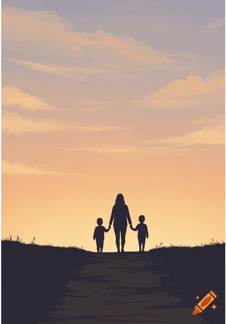 Silhouette of a mother holding hands with her two children, walking on a path against a vibrant sunset sky.