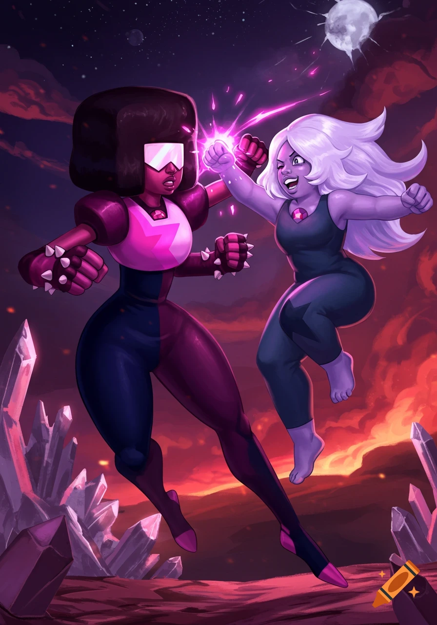 Garnet and Amethyst from Steven Universe clash fists, glowing with power against a dramatic red and purple sky filled with crystals.