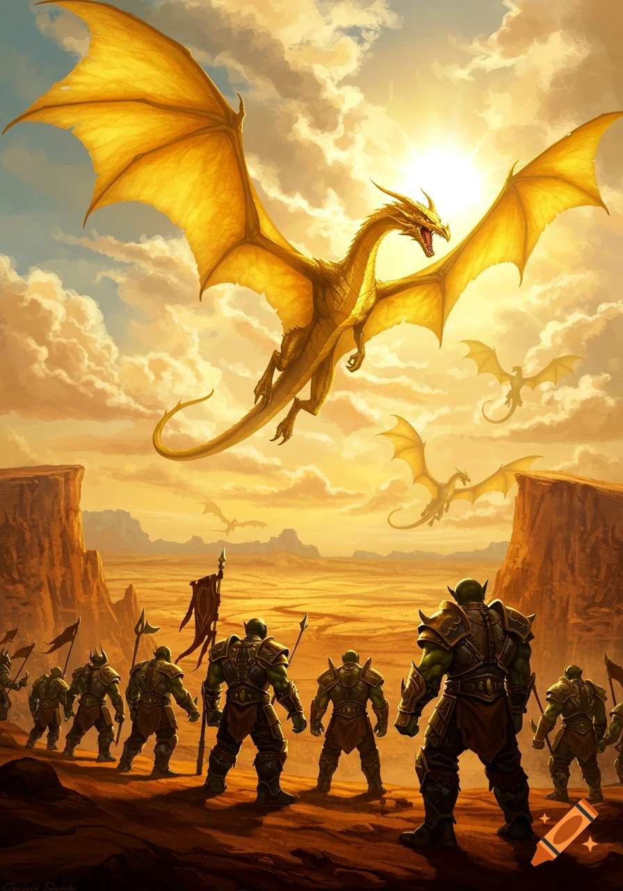 Golden dragons fly above a legion of green-skinned orc warriors standing in a desert canyon at sunset, a dramatic fantasy scene.