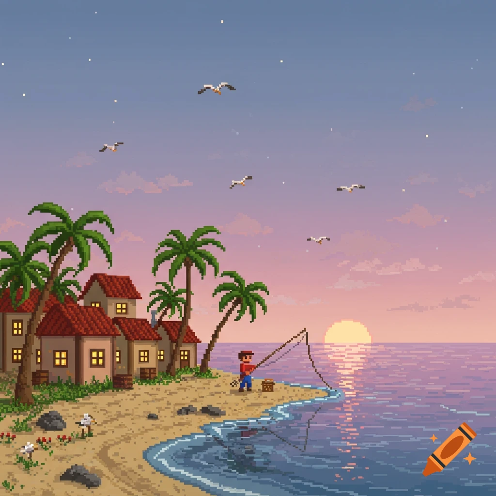 Pixel art of a person fishing on a beach with houses, palm trees, and gulls at sunset.