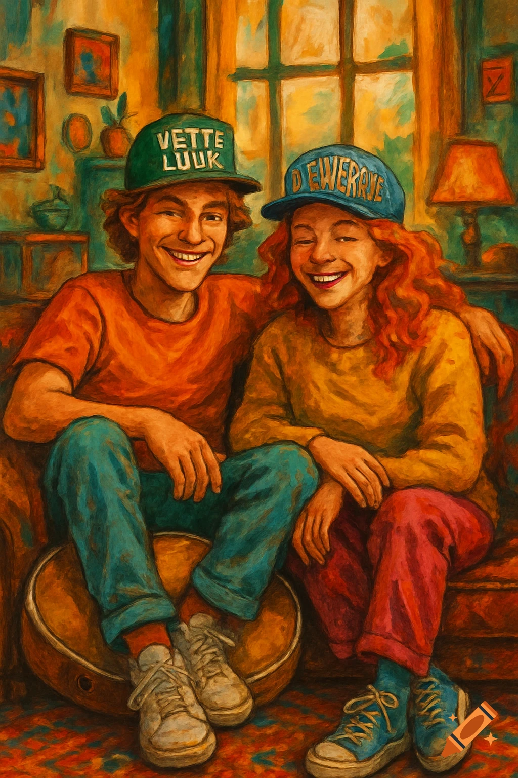 Oil painting of two smiling young people, a boy and a girl, wearing caps and sitting on a couch in a warm-toned room.