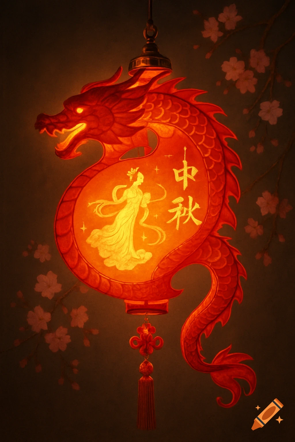 A glowing red dragon-shaped lantern with the Chinese characters "中秋" and a figure of Chang'e, adorned with a tassel and cherry blossoms.