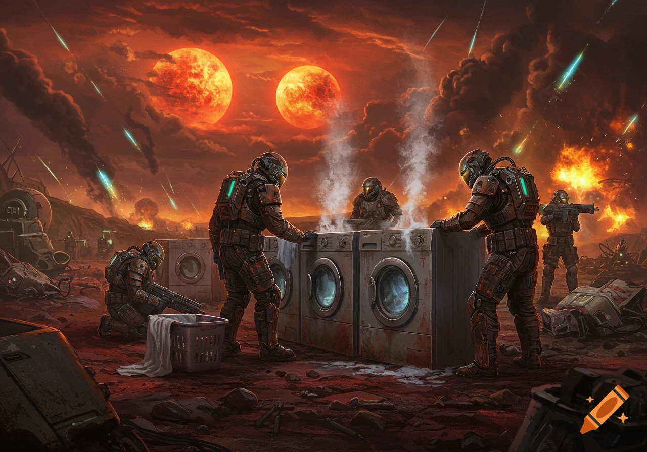 Armored soldiers do laundry in washing machines on a fiery alien planet under two massive red moons, amidst explosions and falling meteors.