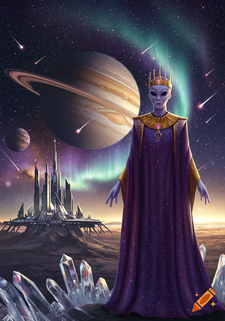 A regal grey alien in a purple and gold robe and crown stands on an alien planet with large crystals, a futuristic city, planets, and an aurora in the starry sky.