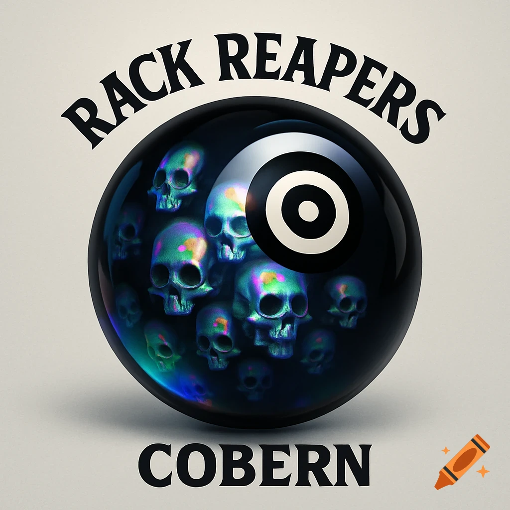 A team logo featuring a glossy black 8-ball filled with iridescent skulls, with a bullseye instead of the '8'. 'RACK REAPERS' is above, 'COBERN' below.