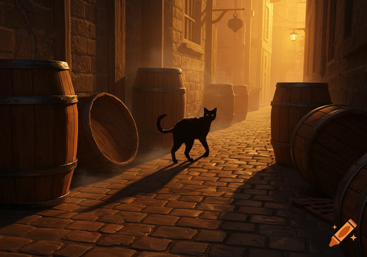 A black cat walks on a cobblestone street in a narrow, sunlit alley filled with wooden barrels.