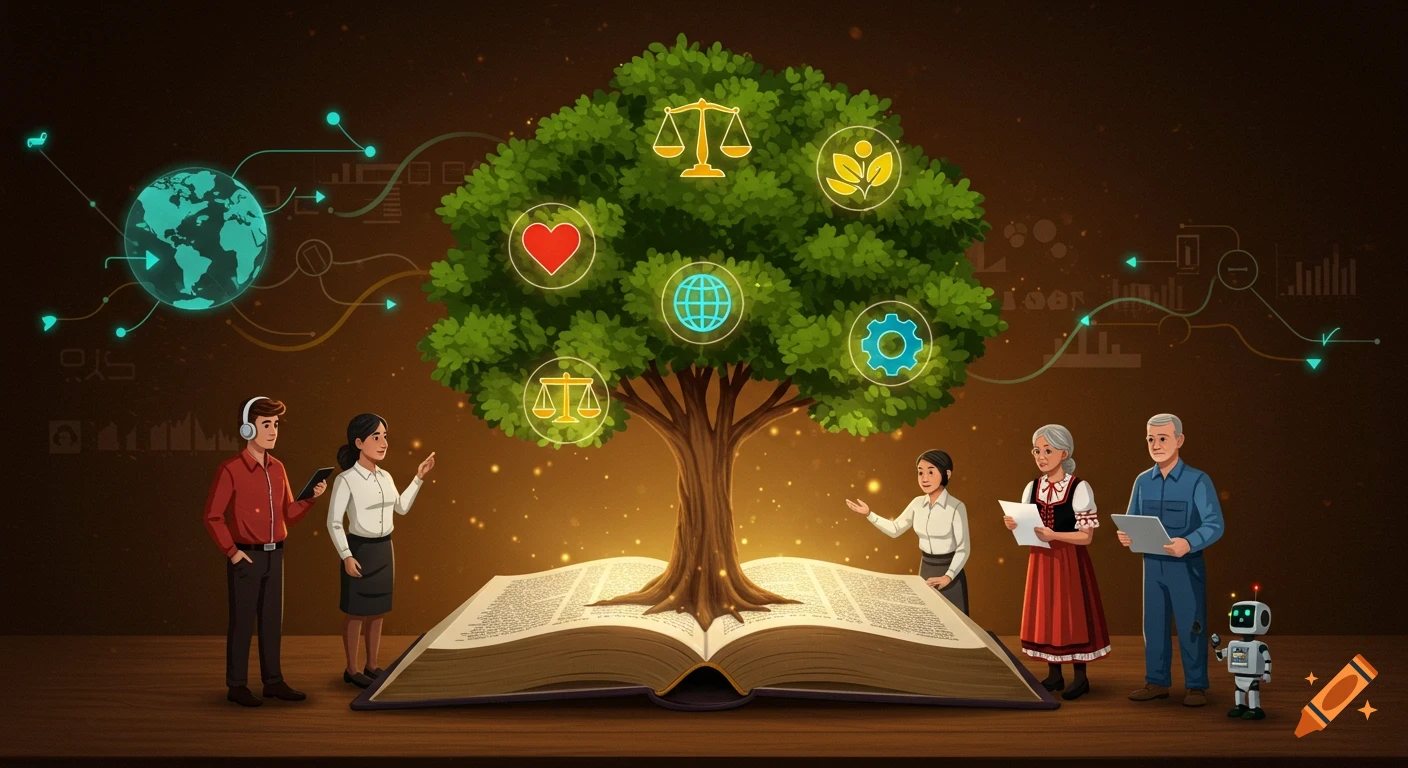 An inspirational illustration showing a lush green tree with glowing icons (heart, balance, globe, leaf, gear) sprouting from an open book. Diverse people and a robot stand around it, with digital lines and a glowing Earth in the background.