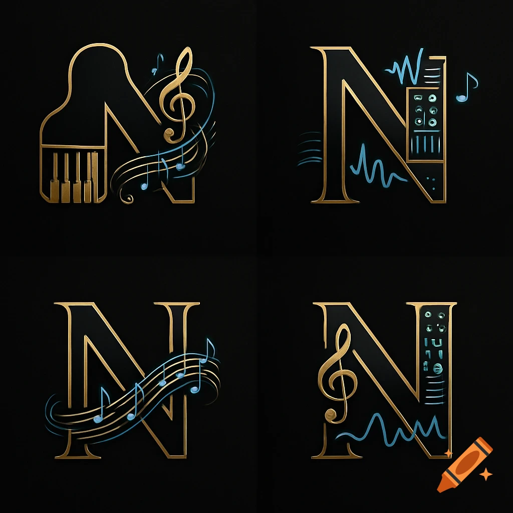 Four stylized logos, each featuring the letter N combined with musical elements like piano keys, treble clefs, and sound waves on a dark background.