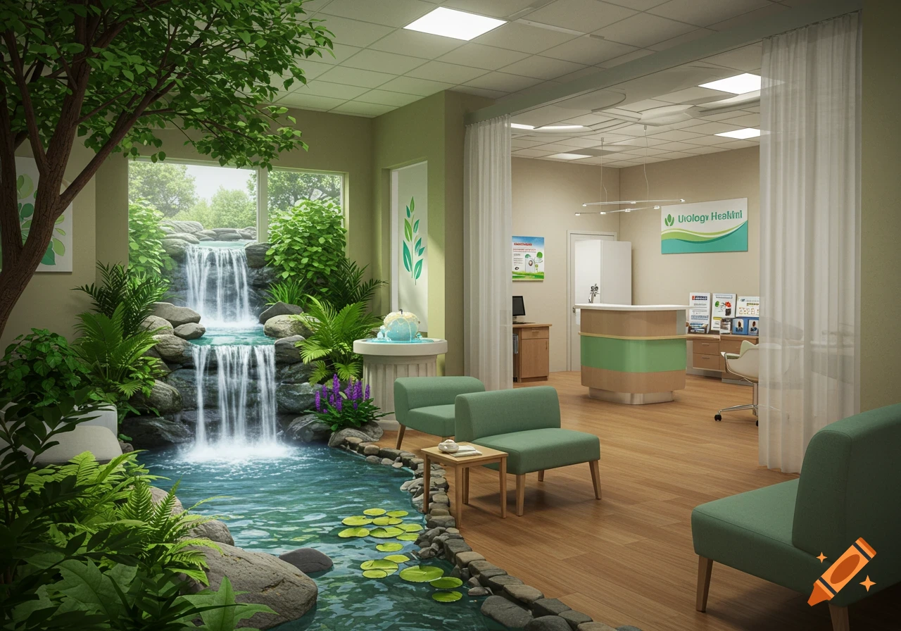 Photorealistic image of a modern healthcare waiting room with a large indoor waterfall, lush plants, and a reception desk.