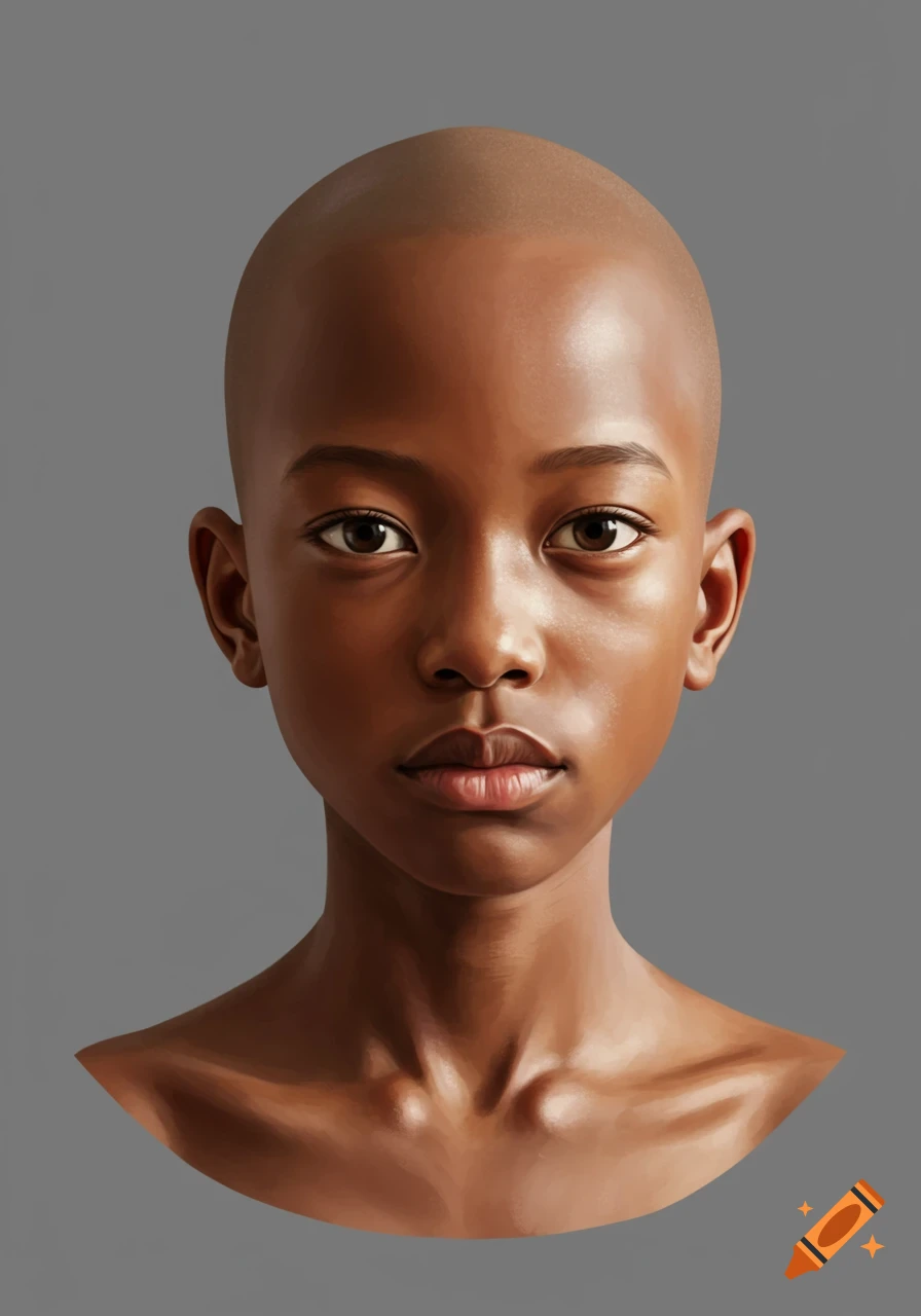 Photorealistic portrait of a bald boy with dark skin, looking directly forward against an even gray background.