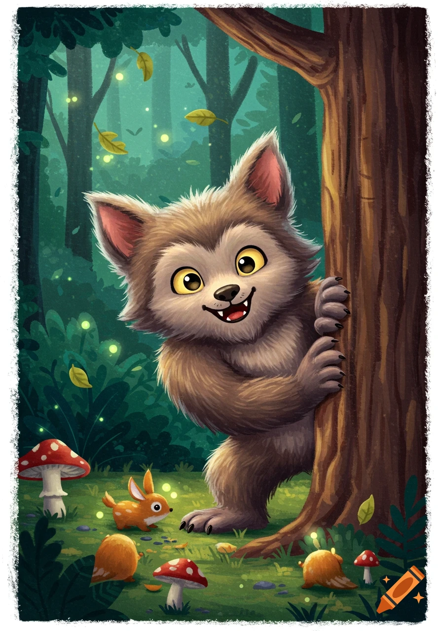 A cute cartoon werewolf with big yellow eyes peeks from behind a tree in an enchanted forest with glowing fireflies and mushrooms.