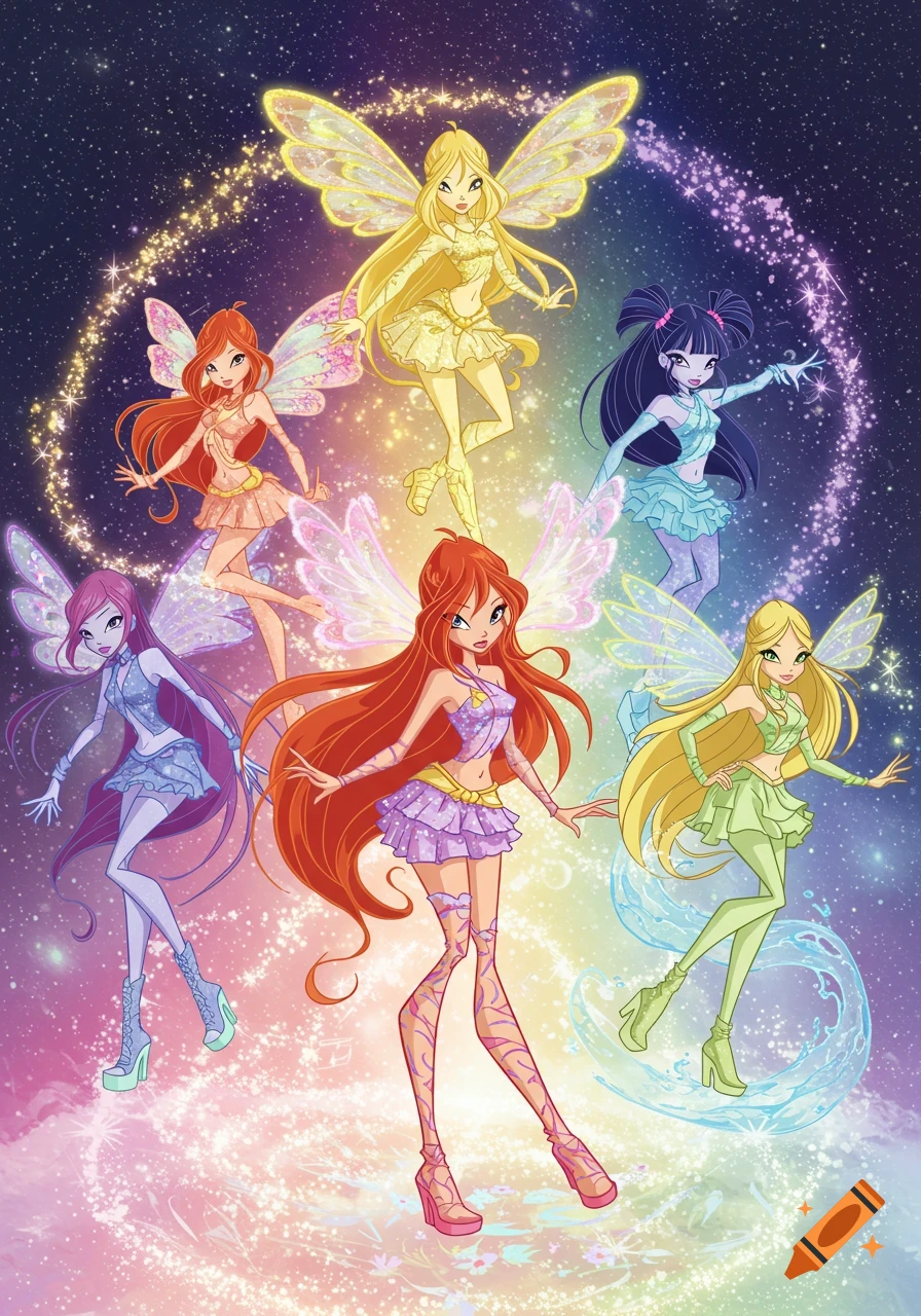 Six colorful Winx Club fairies pose against a vibrant cosmic background with magical light trails in a cartoon style.